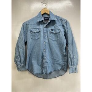 Wrangler Western Blue Denim Long Sleeve Snap Button Shirt Boy’s 10-12 Large 34”